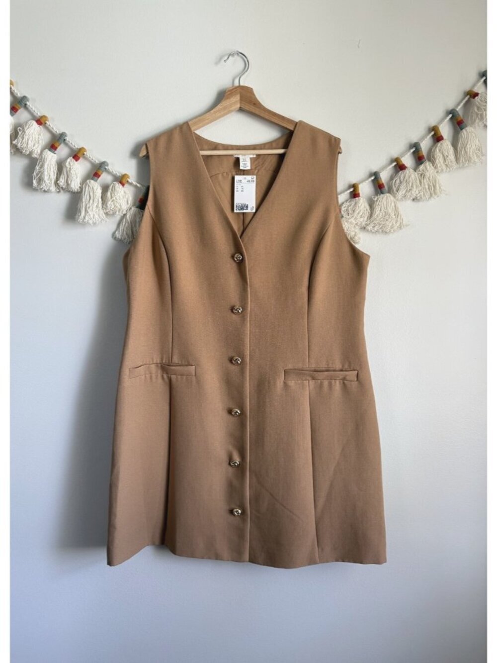 H&M Brown Sleeveless V-neck Knot Gold Button Mini Aline Dress Modest Feminine XL